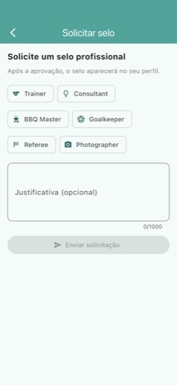 Just Join — tela de solicitar selo profissional com categorias